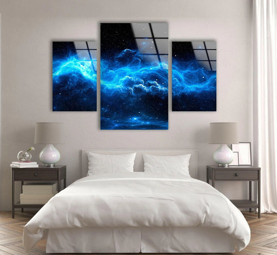Blue Starry Cloudy Galaxy glass wall art shows a nebula cosmic design and starry night art for astronomy fans and a modern home on a wall
