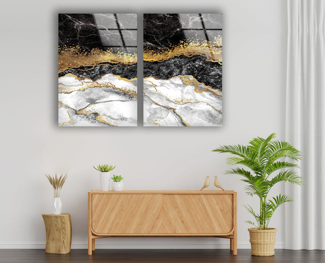 Set of Black Marble Tempered Glass Wall Art