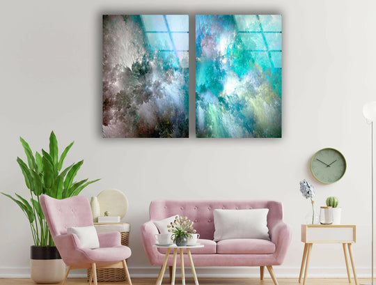 The abstract glass wall art shows turquoise and white clouds and is a modern wall decor and abstract art ideal as glass decor and cloud art on a wall