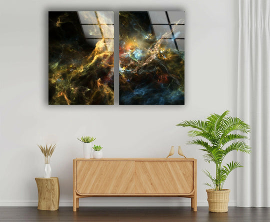 The focal point reveals stunning fractal cosmic space glass wall art decor in yellow and dark tones, creating a vibrant two-piece set on the wall.