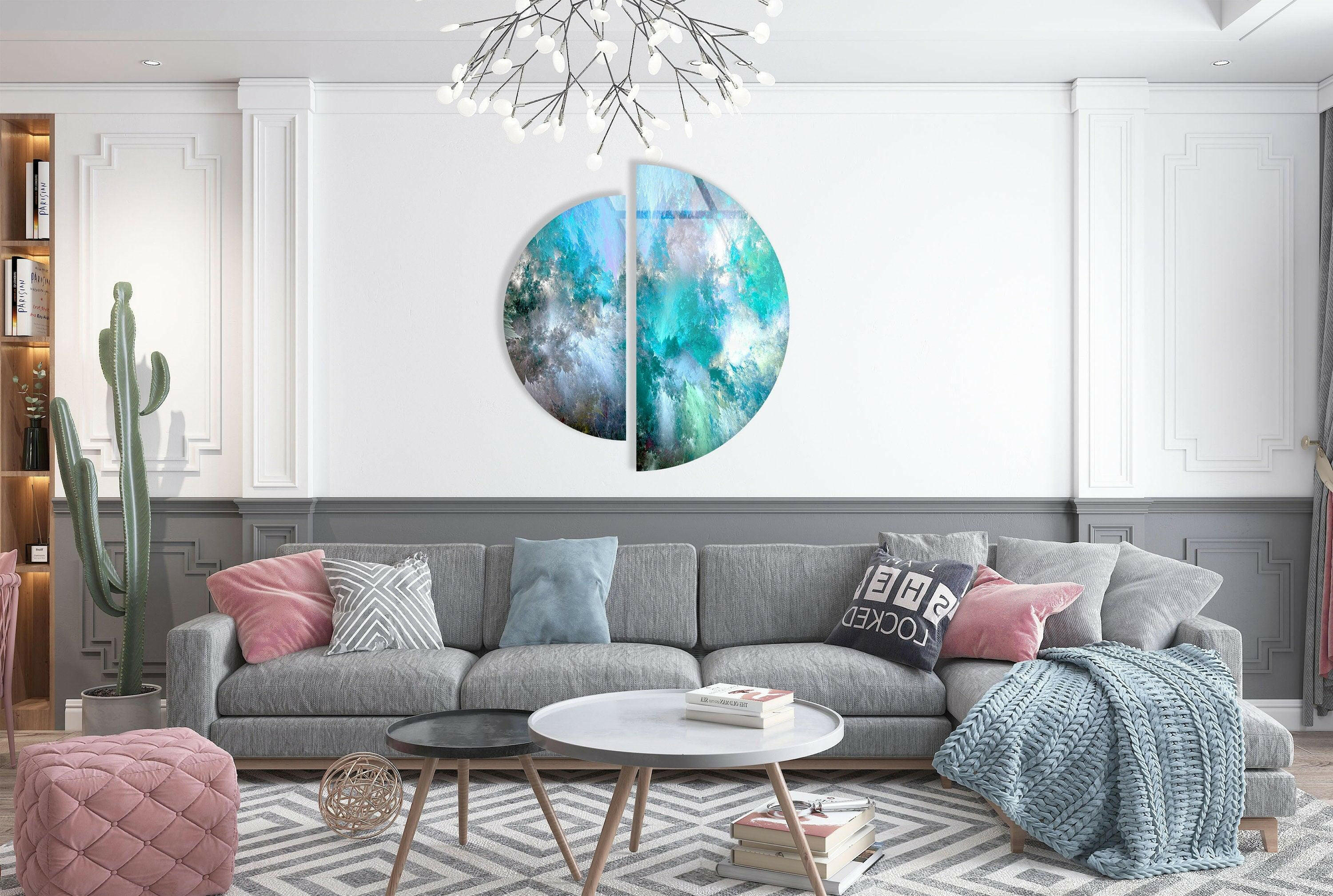 Two Piece Round Blue Abstract Tempered Glass Wall Art