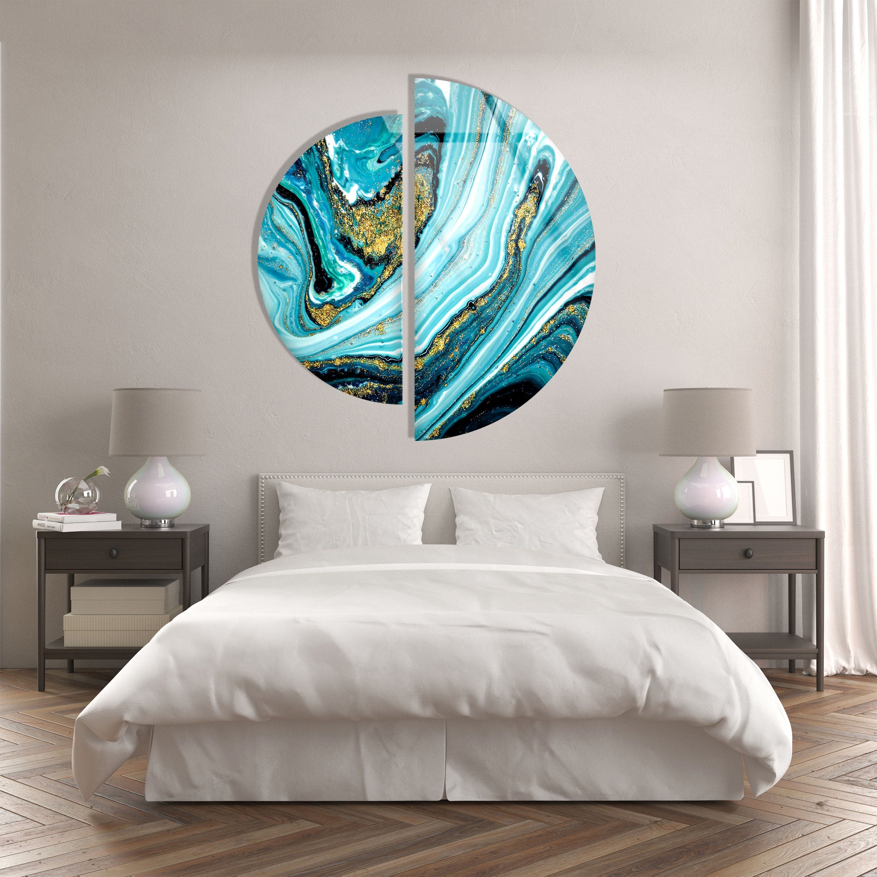 2 Piece Blue Alcohol ink Gold Abstract Tempered Glass Wall Art