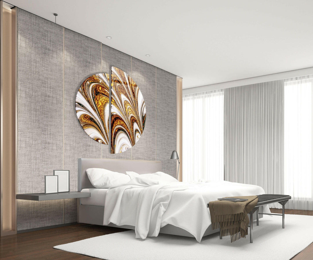 Set of 2 Piece Golden Abstract Glass Wall Art print picture on glass, Tempered Glass Wall Art
