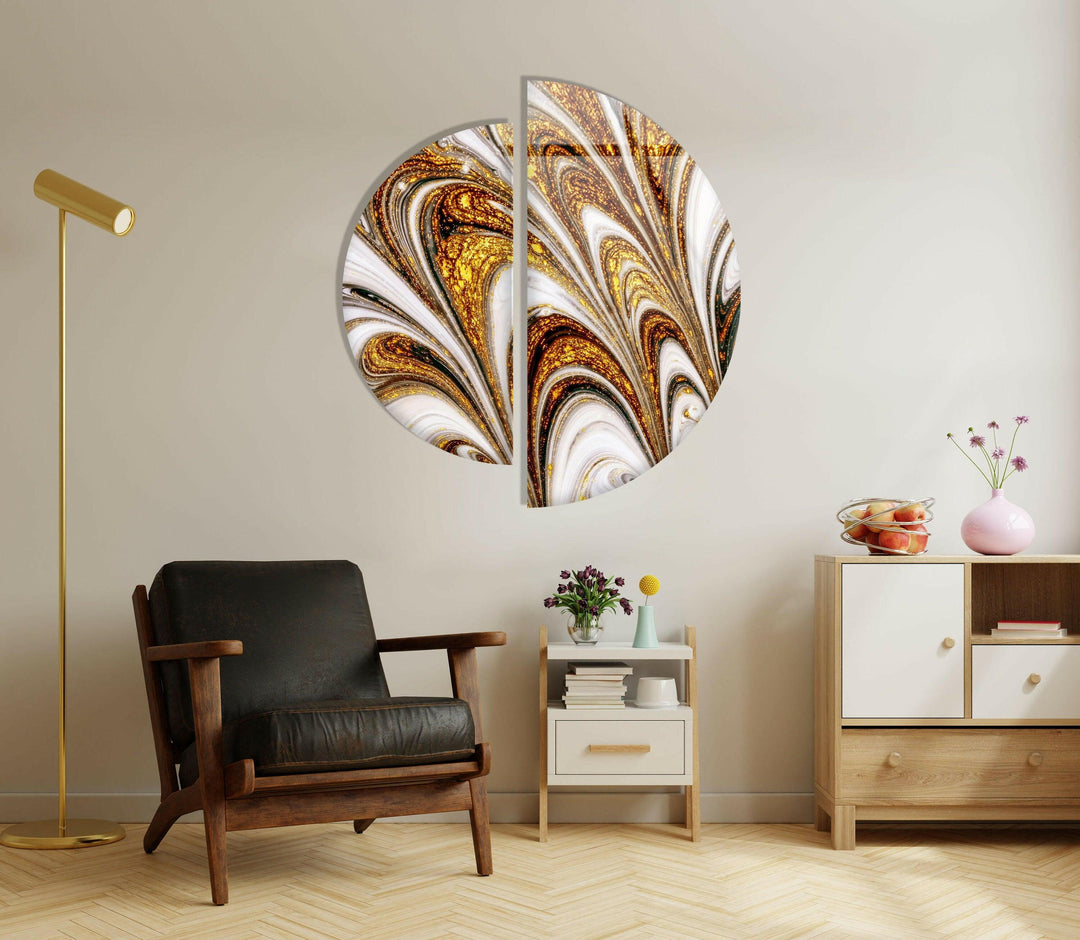 Set of 2 Piece Golden Abstract Glass Wall Art custom glass photo prints, large glass prints
