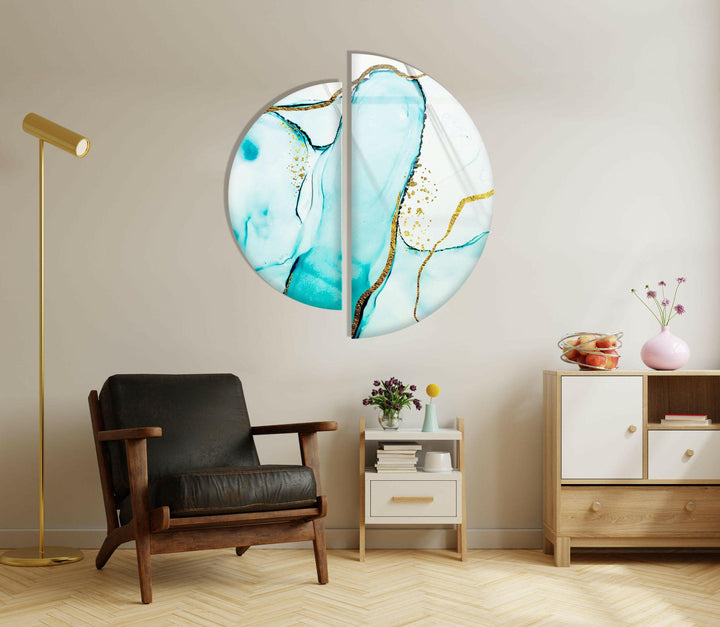 Set of 2 Pieces Blue and Gold Abstract Glass Wall Art custom glass pictures, glass art prints
