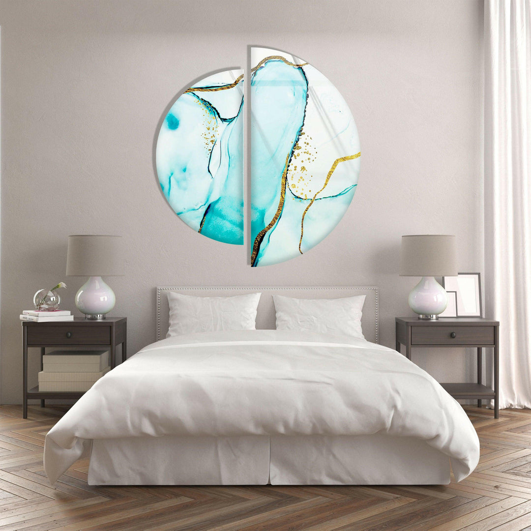 Set of 2 Pieces Blue and Gold Abstract Glass Wall Art glass image printing, glass prints from photos
