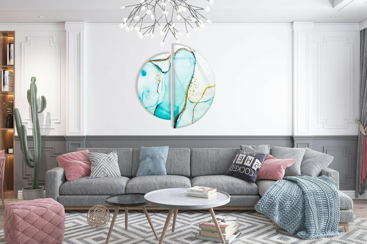 Set of 2 Pieces Blue and Gold Abstract Glass Wall Art Glass Printing Wall Art, Print photos on glass
