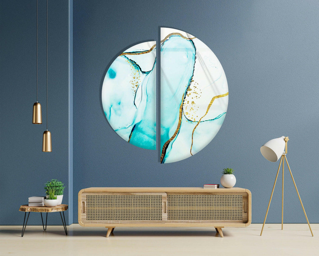 Set of 2 Pieces Blue and Gold Abstract Glass Wall Art glass pictures for Wall, glass prints wall art
