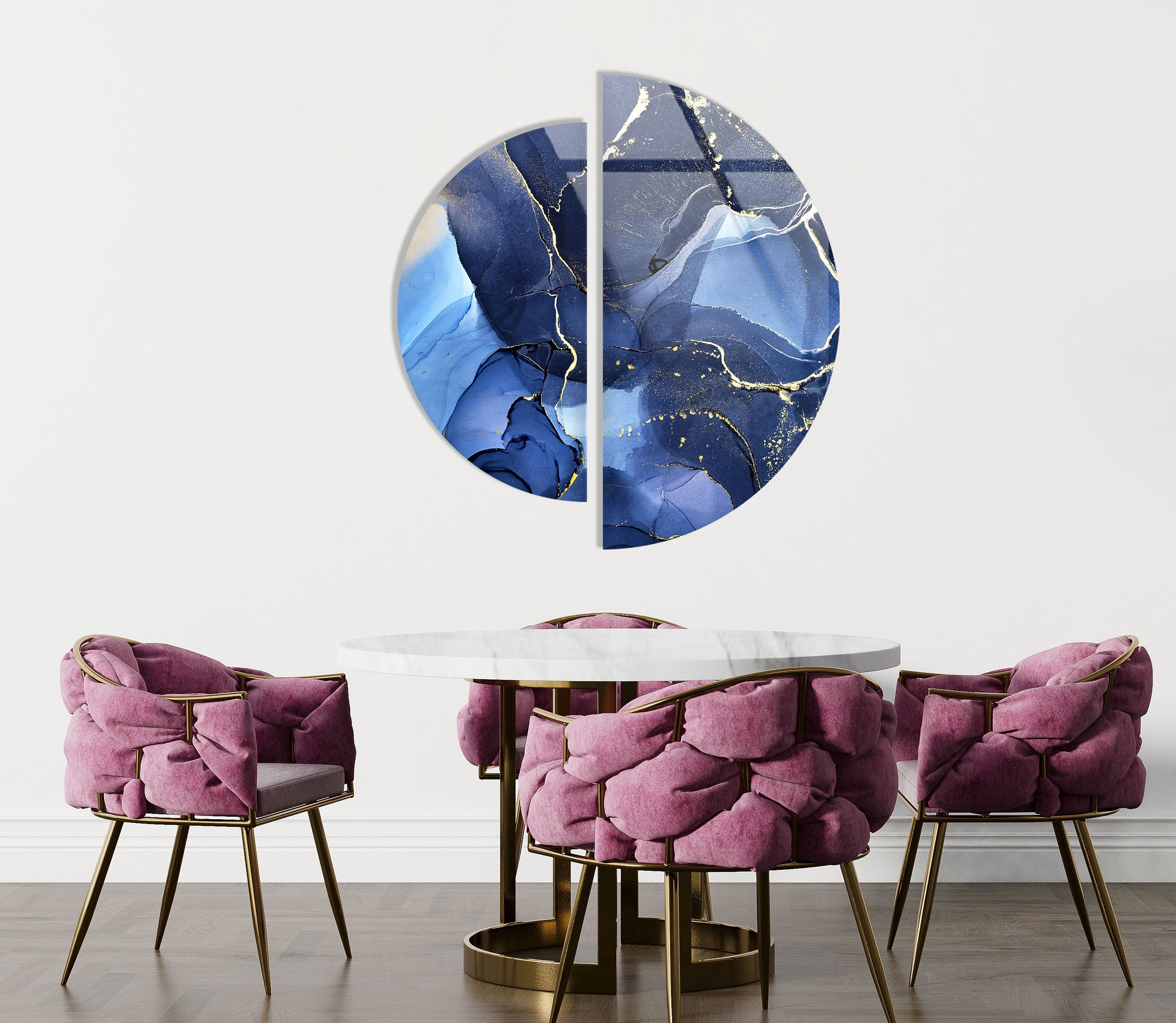 2 Piece Circular Dark Blue Marble Tempered Glass Wall Art