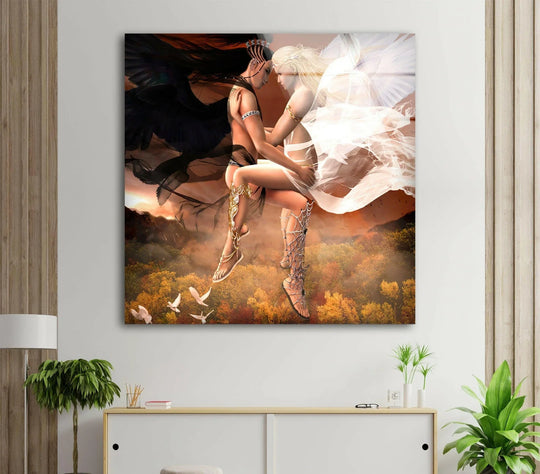 Abstract glass wall prints feature a divine embrace between light and dark figures against a misty autumn forest.