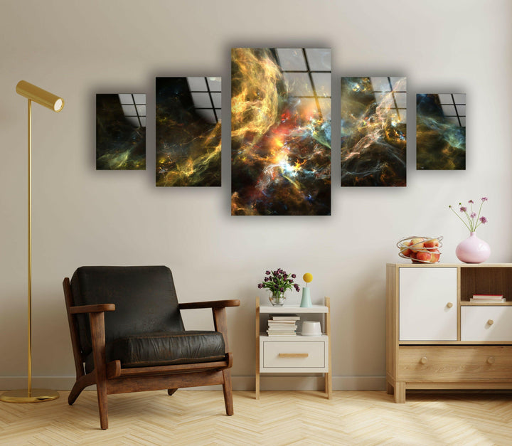 Yellow Dark Fractal Cosmic Space Glass Wall Art, glass image printing, glass prints from photos