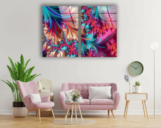Showcasing the layering effect, the vivid pink and blue fractal abstract glass wall artwork features a stunning two-piece design with vibrant, interwoven patterns.