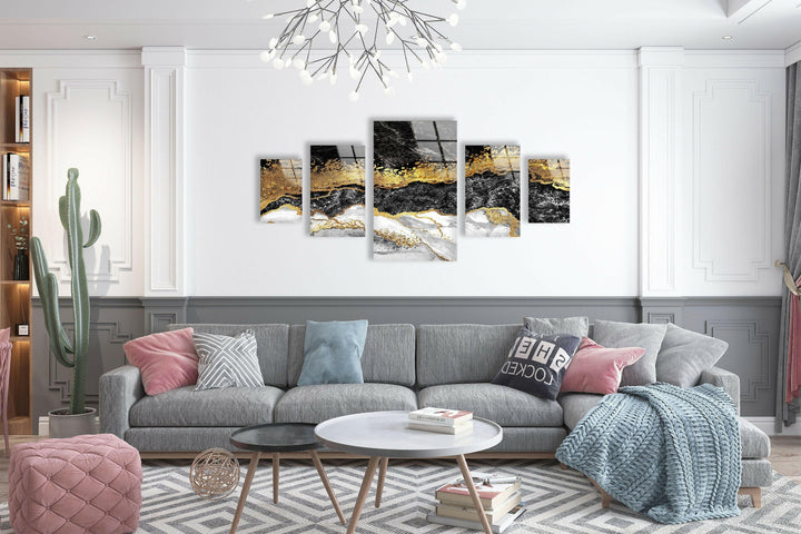 Harmony of Black & Gold Marble Abstract Glass Wall Art, print on glass, glass printed photos