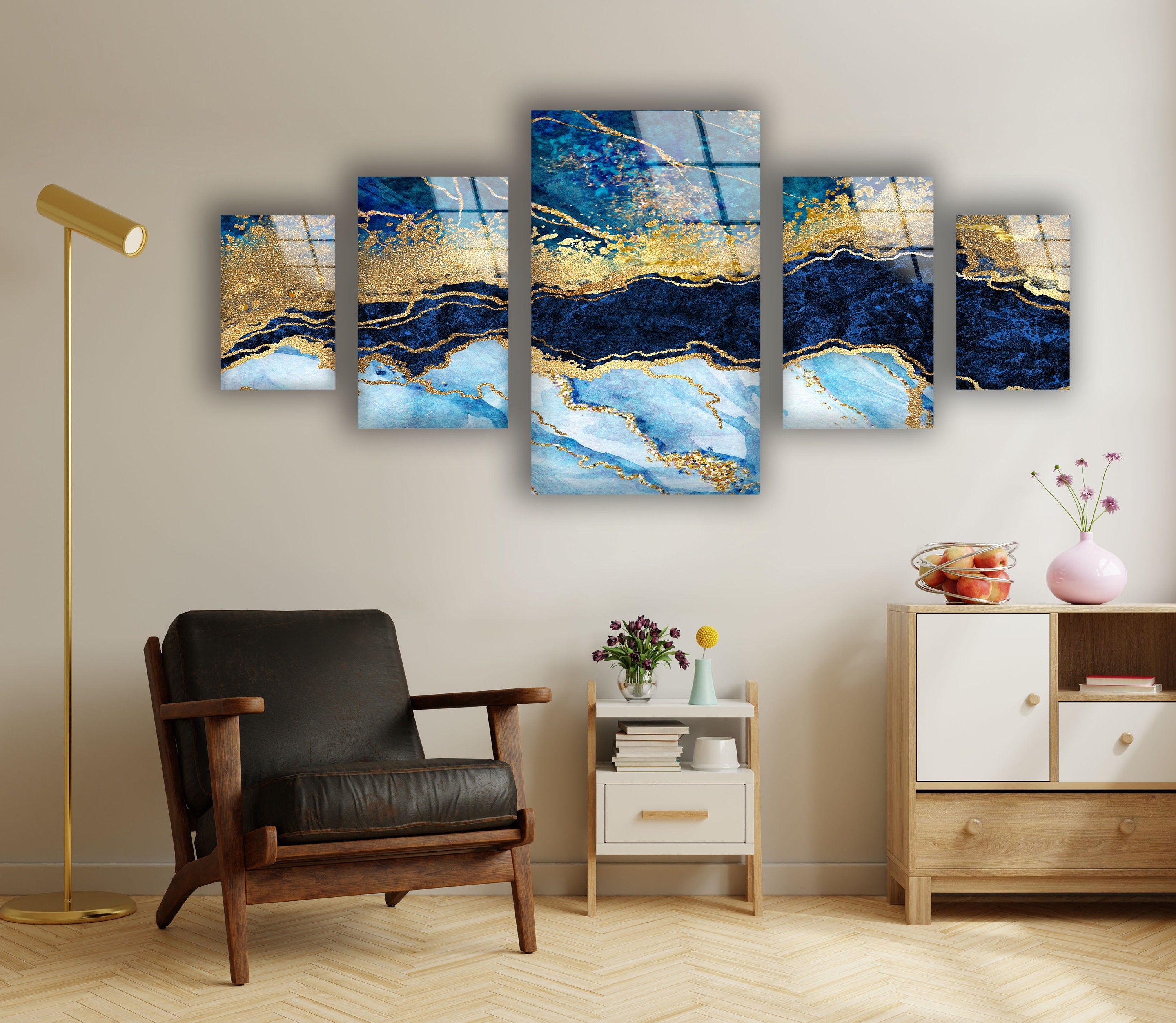 Blue and Gold Marble Tempered Glass Wall Art