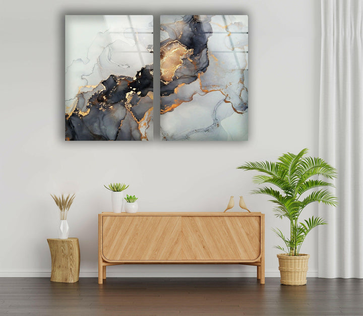 Grey, Gold Fluid Art Abstract Glass Wall Art, large glass photo prints, glass wall photos