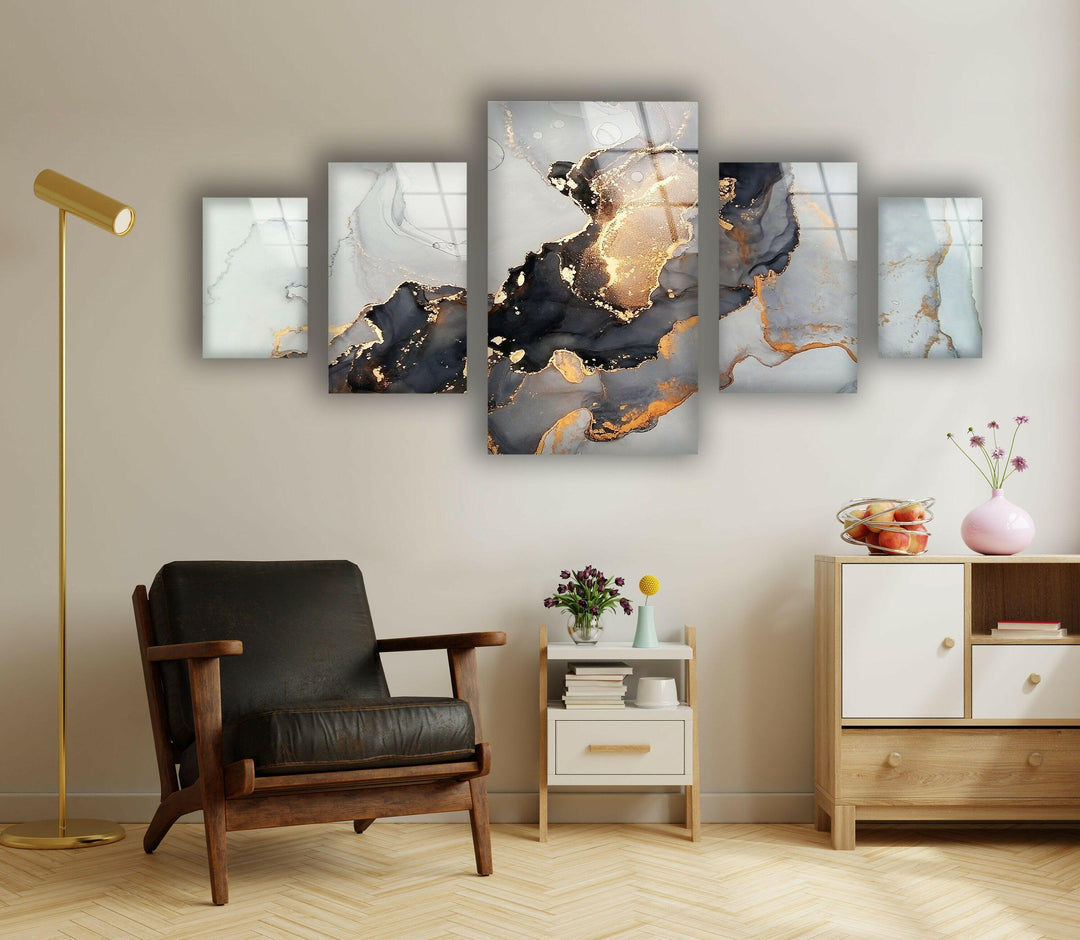 Grey, Gold Fluid Art Abstract Glass Wall Art, custom glass photo prints, large glass prints