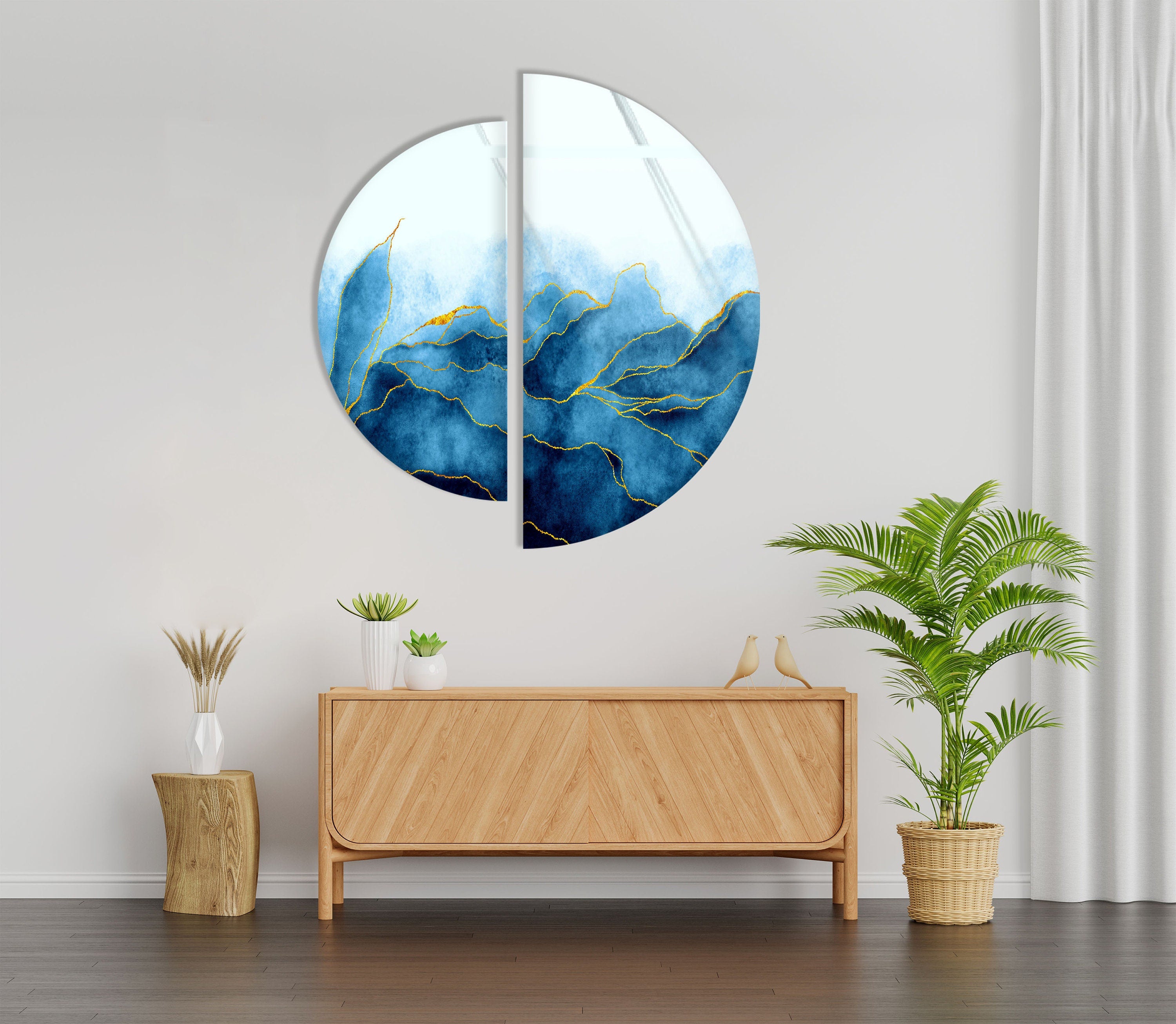 2 Piece Blue Floral Tempered Glass Wall Art
