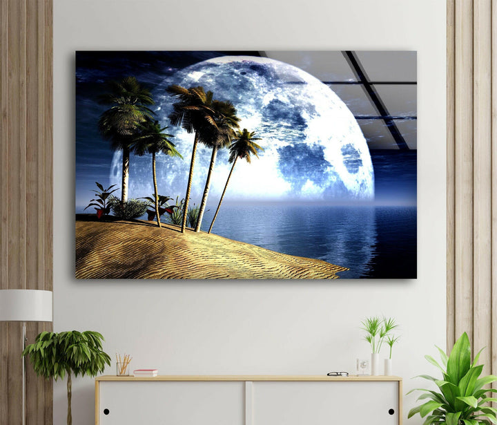 Tropical night landscape print with a golden shoreline and a luminous moon.
