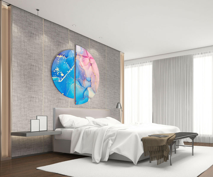 Set of 2 Piece Pink and Blue Abstract Glass Wall Art glass art painting, glass art for the Wall

