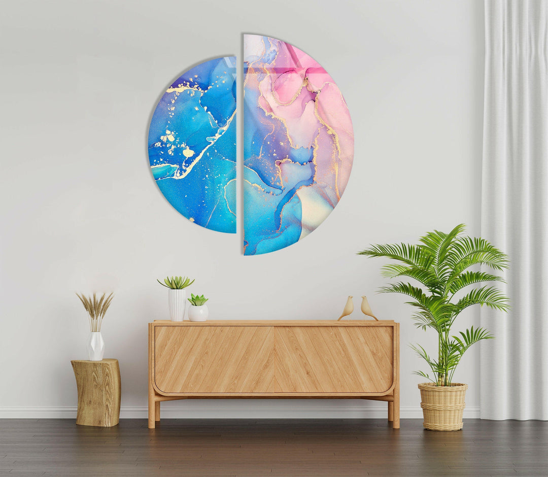 Set of 2 Piece Pink and Blue Abstract Glass Wall Art glass wall decor, glass wall art decor
