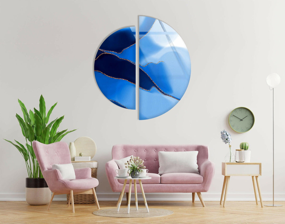 Set of 2 Blue Alcohol ink Abstract Glass Wall Art large glass photo prints, glass wall photos
