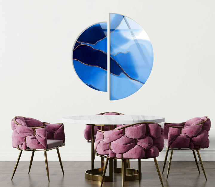 Set of 2 Blue Alcohol ink Abstract Glass Wall Art picture on glass wall art, photos printed on glass

