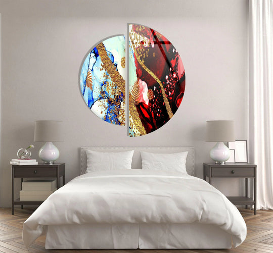 The focal point showcases two pieces of round red and blue abstract glass wall art prints, a modern and vibrant tempered glass design creating a striking diptych.