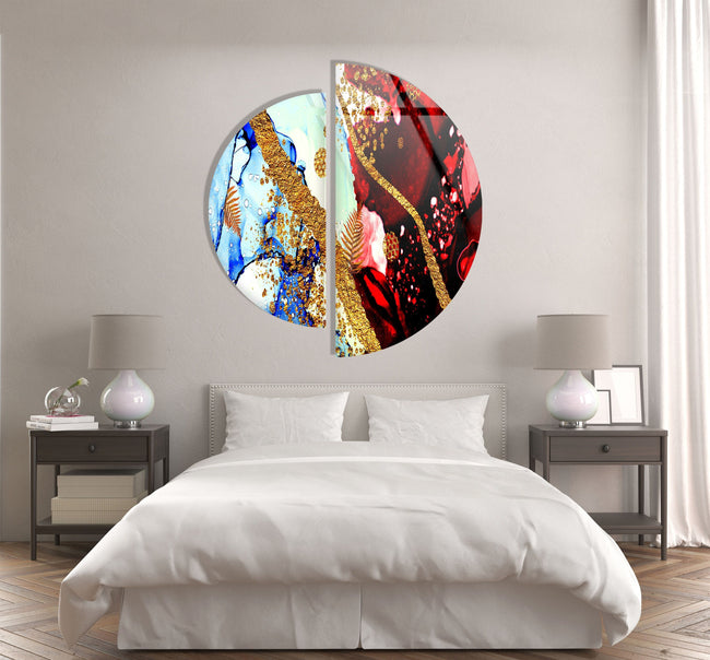 Two Pieces Round Red and Blue Abstract Tempered Glass Wall Art