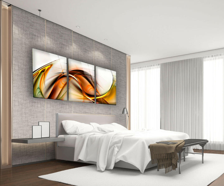 Yellow, Orange Wavy Motif Abstract Glass Wall Art, glass pictures for Wall, glass prints wall art