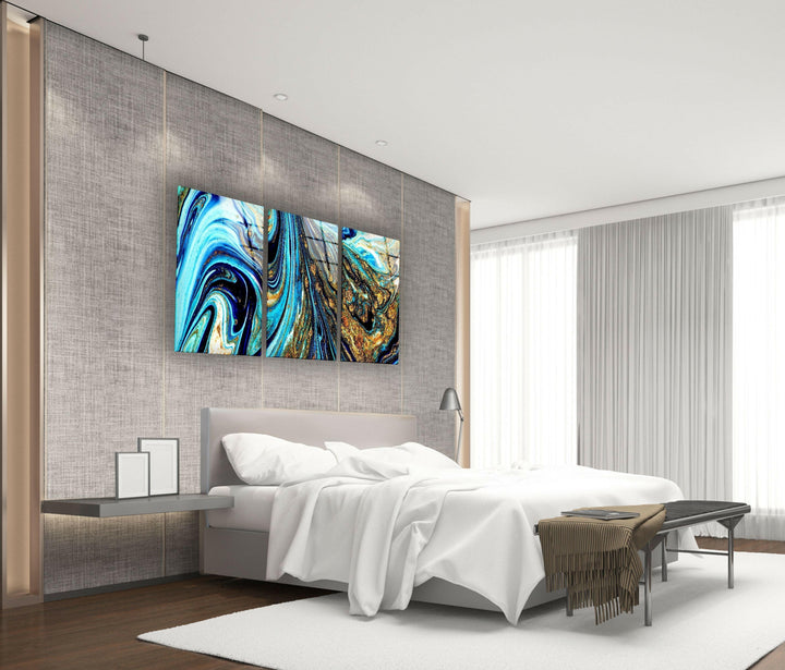Blue With Gold Shimmer Marbling Abstract Glass Wall Art, picture on glass wall art, photos printed on glass