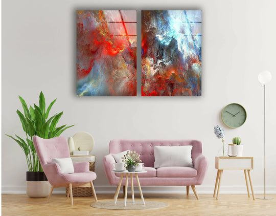 This vivid clouds abstract glass wall art shows a colorful art design and is a decor accent for abstract glass art and red clouds art and abstract home decor on a white wall