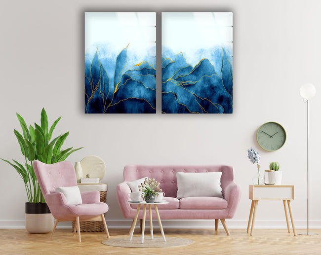 Blue Abstract Flower Tempered Glass Wall Art
