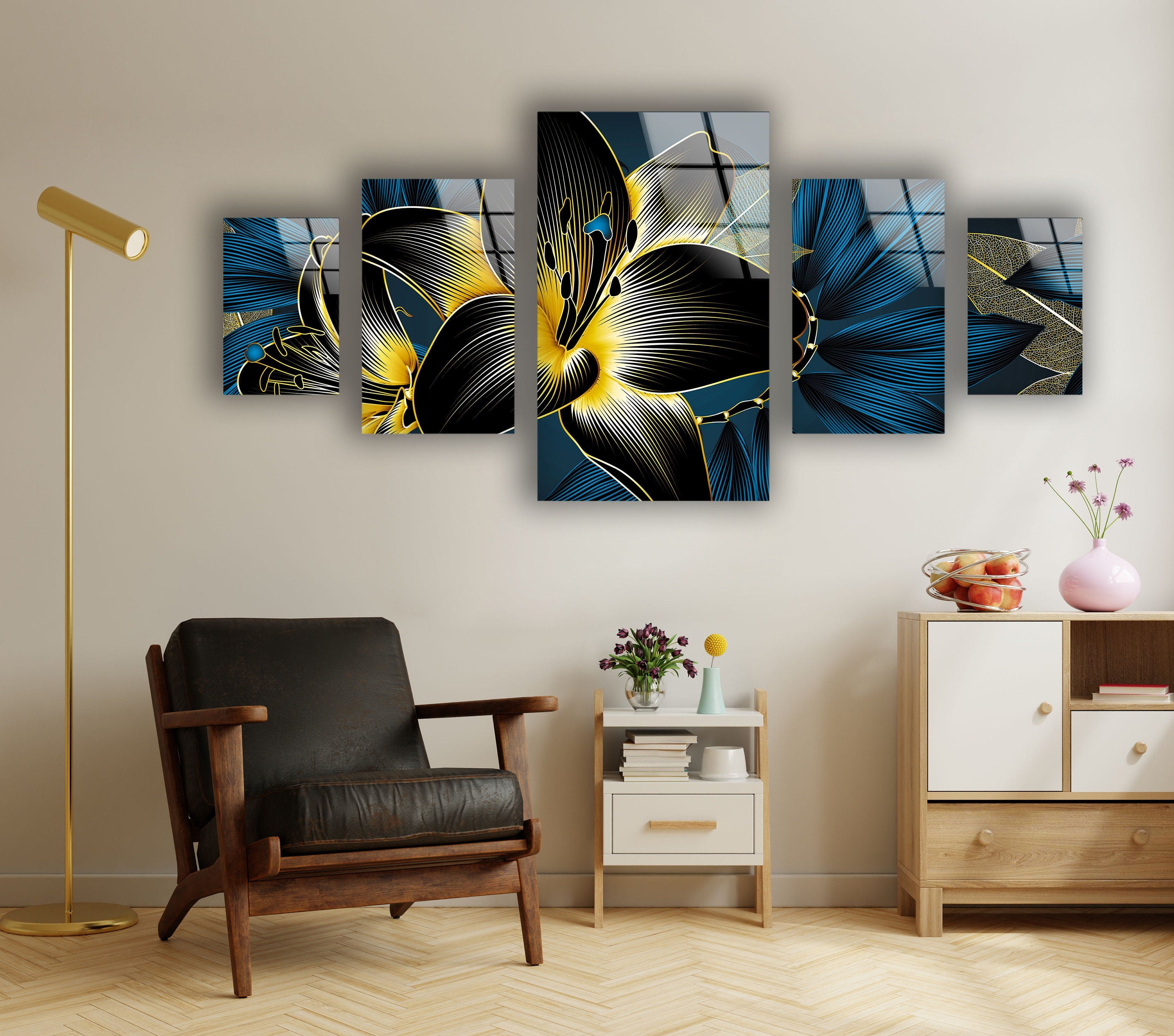 Set of Abstract Flower Tempered Glass Wall Art