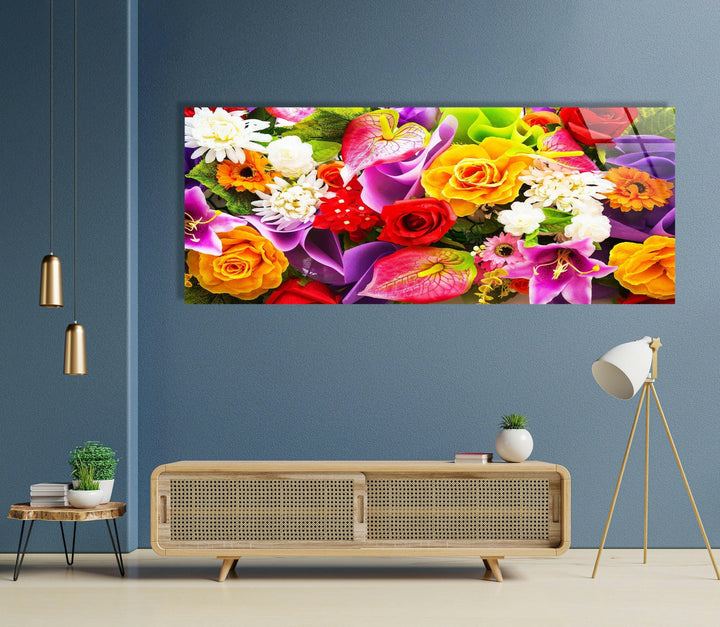 Colorful Roses & Daisies Flower Bunch Glass Wall Art, print picture on glass, Tempered Glass Wall Art