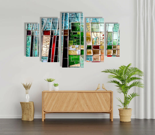 Brightest sections highlight the colorful mosaic stained abstract glass hanging wall art, a five-piece decor set that elevates any space with its vibrant tempered patterns.