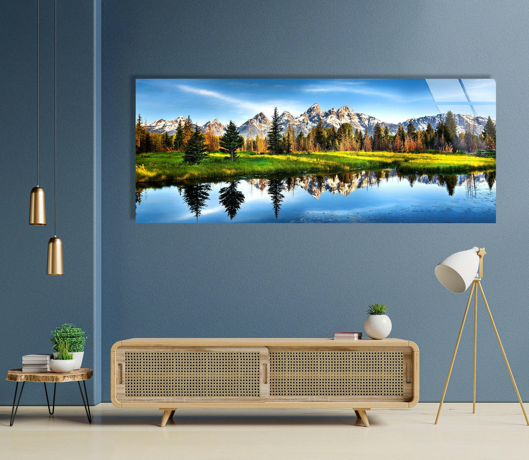 Lake, Trees and Mountain Nature Landscape Glass Wall Art, picture on glass wall art, photos printed on glass