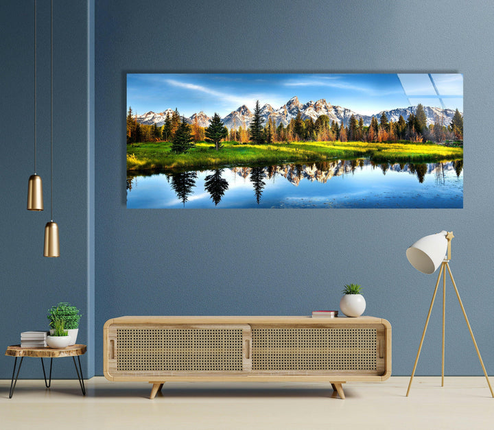 Lake, Trees and Mountain Nature Landscape Glass Wall Art, picture on glass wall art, photos printed on glass