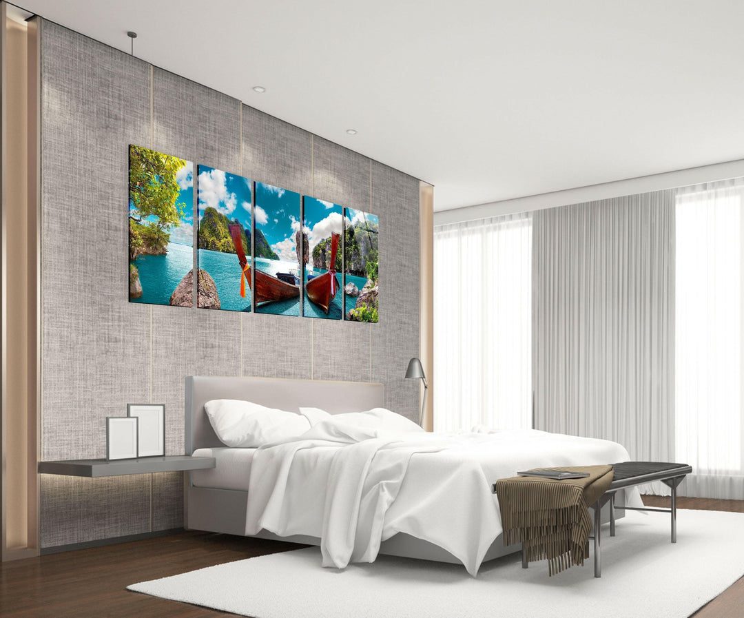 Phuket Island Boats Seascape Glass Wall Art, print on glass, glass printed photos