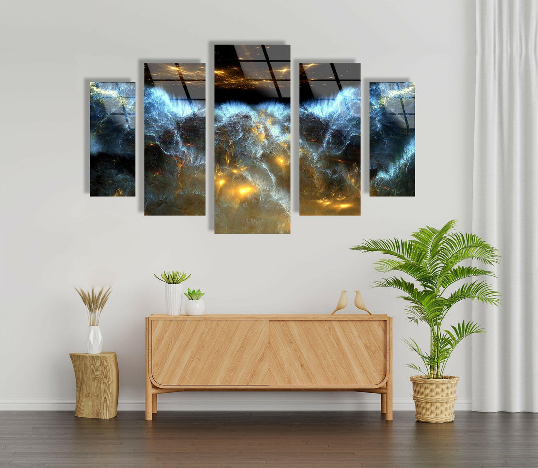 Yellow, Blue Space Clouds Abstract Glass Wall Art, print on glass, glass printed photos