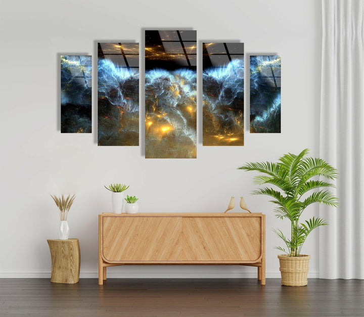 Yellow, Blue Space Clouds Abstract Glass Wall Art, print on glass, glass printed photos