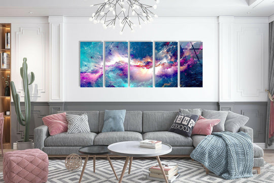 Vivid fractal clouds abstract glass wall art features blue purple colors and transforms any room and upgrade your space as modern glass art on a wall