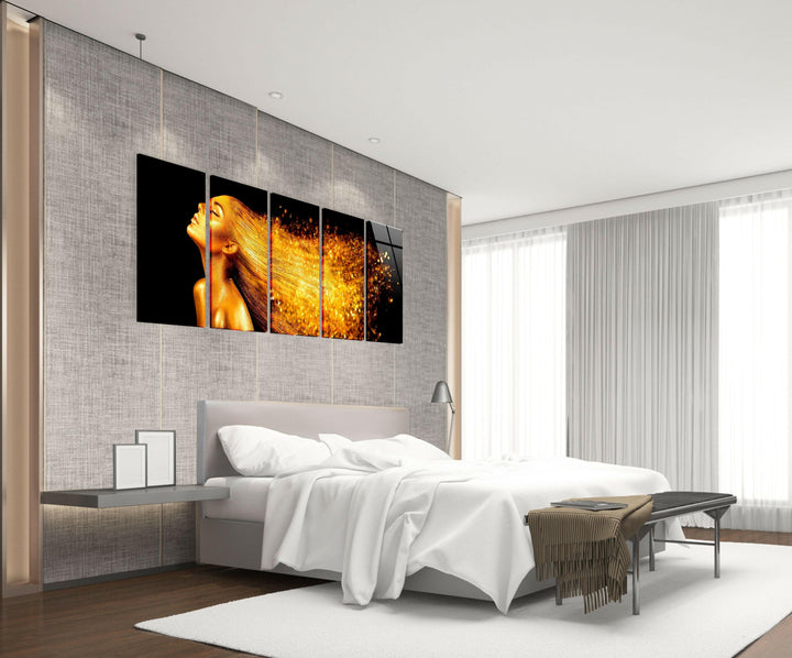 Gold Woman With Golden Hair Glass Wall Art, art glass wall art, glass wall art pictures