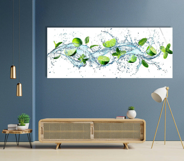 Fresh Limes With Water Splash Glass Wall Art, glass photo prints, glass picture prints