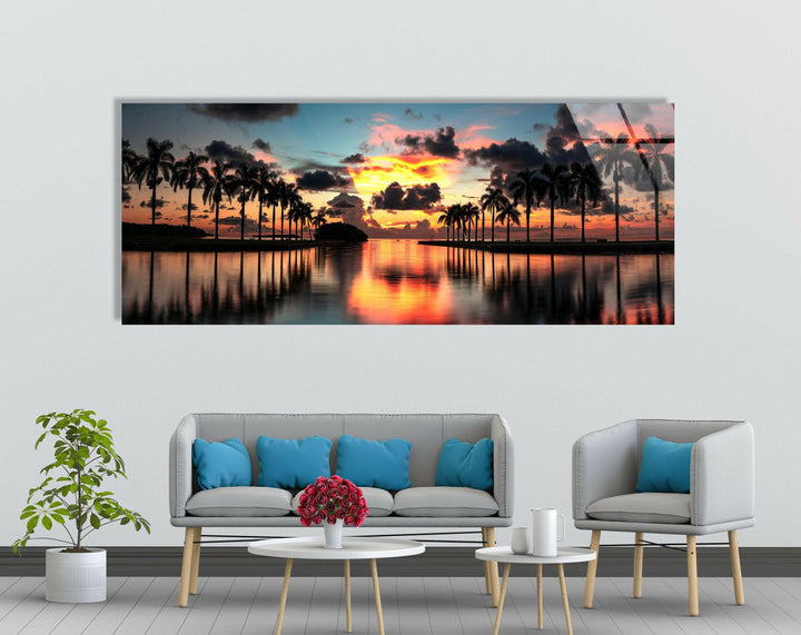 Paradise Beach Sunset, Tropical Palms Glass Wall Art, glass pictures for Wall, glass prints wall art