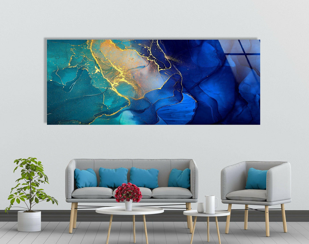 Turquoise, Blue Alcohol Ink Abstract Glass Wall Art, large glass photo prints, glass wall photos