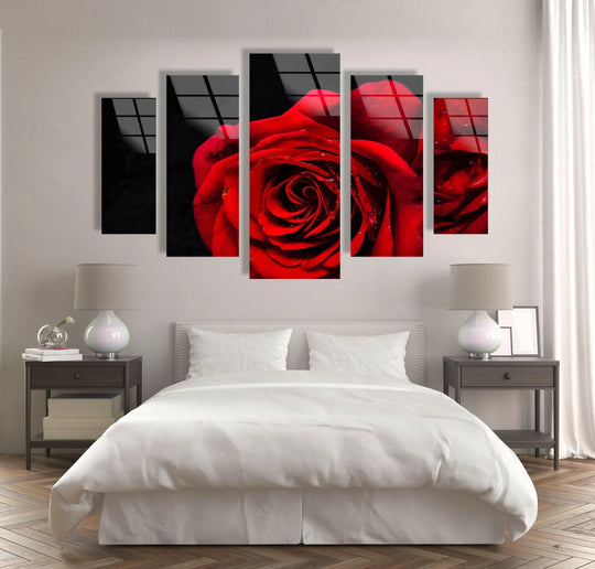 Red rose close up is the glossy glass wall art and 5 piece wall art which makes a perfect romantic centerpiece and enhances decor for any room