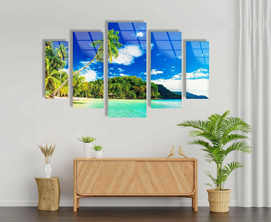 Island beach with palms glass wall art shows a tropical island and ocean view and is coastal wall decor and a vibrant modern beach scene on a wall