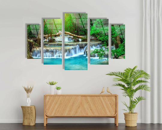 Thailand Turquoise Waterfall Landscape glass wall art features a nature landscape motif and turquoise blue colors and is vibrant decor and scenic art