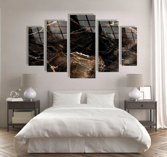Highlighting the geometric elements, this dark marble with brown veins glass wall art creates a striking home decor statement with its sleek, five-panel design.