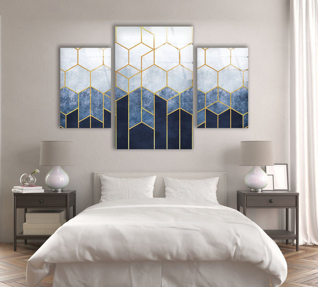 Blue Abstract Hexagon Design Tempered Glass Wall Art